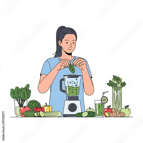 Woman preparing healthy green smoothie.