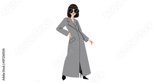 An elegant female figure showcases a sophisticated long grey overcoat paired with large circular shades while striking a dynamic fashion pose on a plain background.