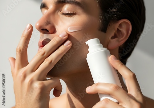 Man applying skincare product to face close up view white background