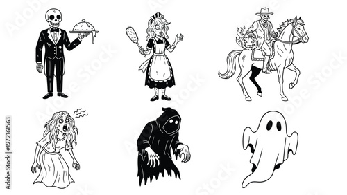 Spooky Halloween Cartoon Characters Set. Black and white vector illustrations of ghosts, monsters, skeleton butler, grim reaper, zombie.