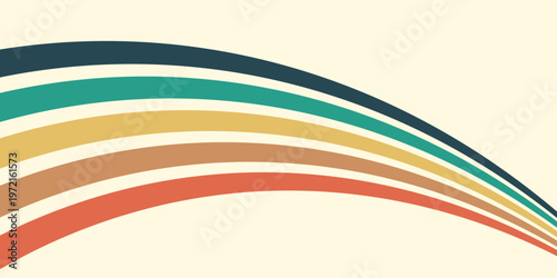 Abstract colorful 70s background vector. Vintage retro wallpaper with rainbow stripes and wavy lines. A 1970 color illustration suitable for posters, banners, decorative items and wall art.