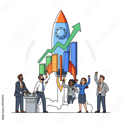 Business people celebrating success with rocket.