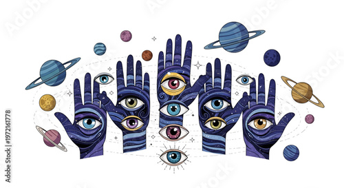 Hands with eyes on palms raised.