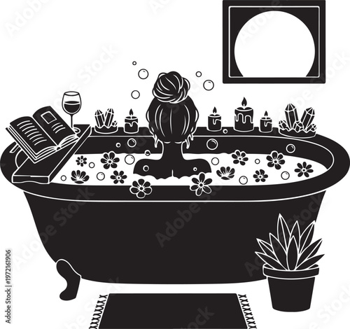 Silhouette of a woman relaxing in a bubble bath, Generative Ai