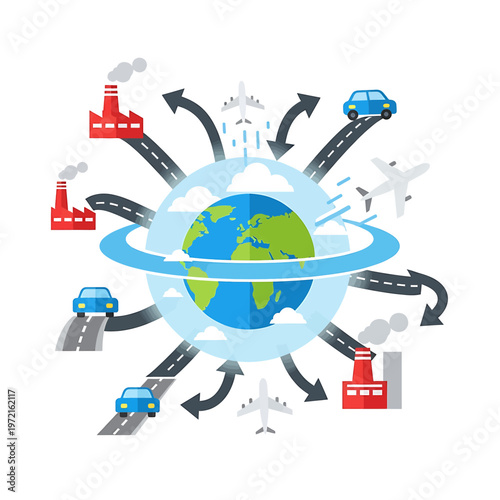 Earth with pollution and transportation systems.