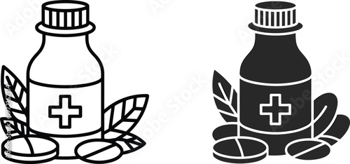 Medicine bottle herbal illustration, healthcare pharmacy icon with pills leaves, pharmaceutical natural remedy design, medical cross symbol vector artwork