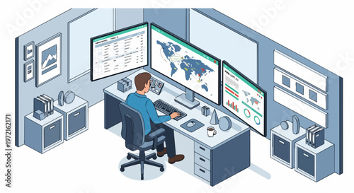 Isometric Global Logistics Control Center with Professional Analyst Monitoring Supply Chain Data and International Trade on Multiple Screens