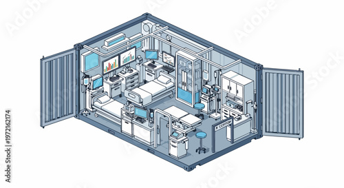 Isometric Illustration of a Mobile Medical Clinic and Field Hospital inside a Modular Shipping Container for Emergency Healthcare