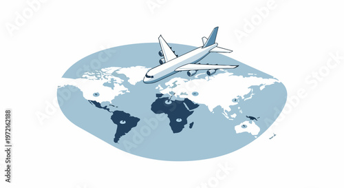 Isometric Illustration of an Airplane Flying Over a World Map with Global Flight Routes and Connectivity Lines on a Clean White Background