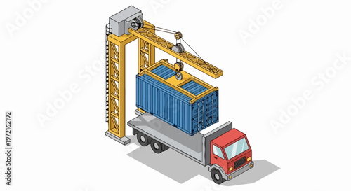 Isometric Illustration of an Industrial Crane Loading a Blue Shipping Container onto a Cargo Truck, Logistics and Global Trade Concept