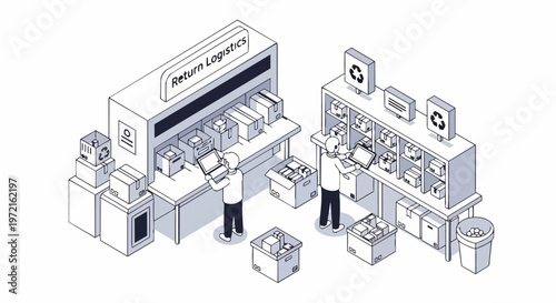 Isometric Illustration of E-commerce Return Logistics and Sustainable Warehouse Management