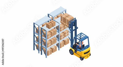 Isometric Warehouse Logistics Illustration with Forklift Operator and Cardboard Boxes on Storage Racks