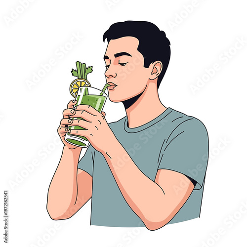 Man drinking green juice from glass 1.