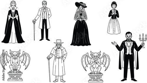 Gothic Victorian Characters and Gargoyles Vector Set. Mysterious Black and White Line Art Figures and Statues.