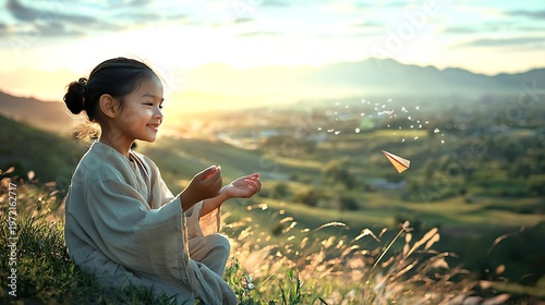 Joyful Child Playing with Paper Airplane in Nature at Sunset, Capturing Simple Happiness and Innocence in Serene Landscape