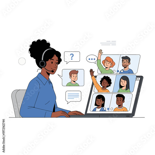 Woman in video conference on laptop.
