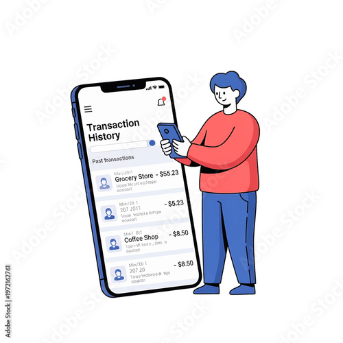 Man holding smartphone with transaction history.
