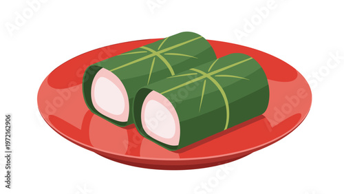 Traditional japanese kashiwamochi rice cakes wrapped in oak leaves served on a round red lacquer plate for the children's day celebration.