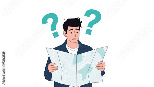 Confused young traveler holding a paper map and looking lost with question marks over his head while trying to find his way in a new city.