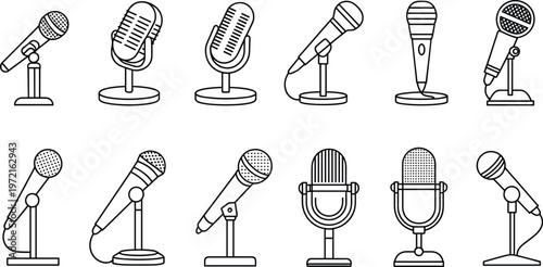 Microphone silhouette illustration, vintage mic, handheld microphone, condenser mic, studio equipment, audio recording, broadcasting tool, vector artwork, black silhouette,