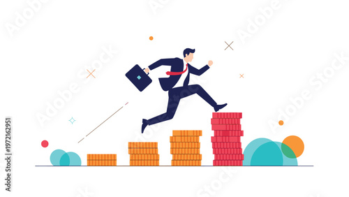 Ambitious businessman carrying a briefcase jumping up an ascending staircase of gold coins representing rapid financial growth and career success.