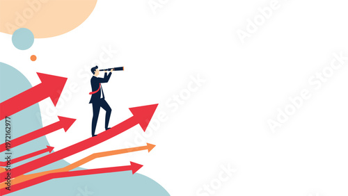 Forward thinking businessman standing on a rising red arrow and looking through a telescope to find new opportunities and market trends.