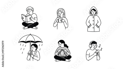 Line Art Icons Set: Everyday People Relaxing, Reading, Hobbies, and Weather Activities