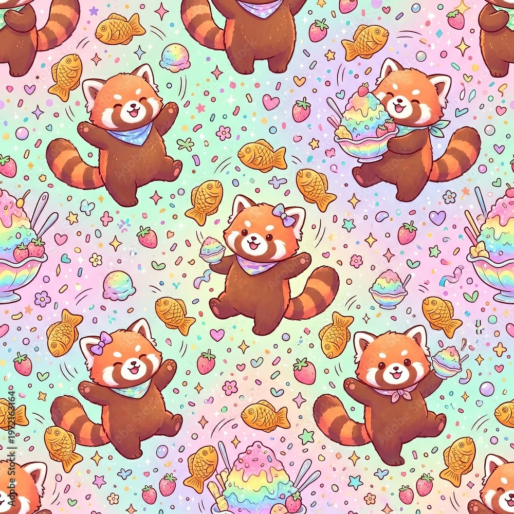 Obraz premium Red pandas juggling colorful desserts and snacks seamless pattern