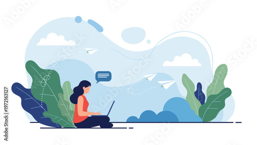 Creative woman sitting on the grass and working on her laptop while paper planes fly around her representing global communication and ideas.