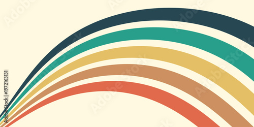 Abstract colorful 70s background vector. Vintage retro wallpaper with rainbow stripes and wavy lines. A 1970 color illustration suitable for posters, banners, decorative items and wall art.