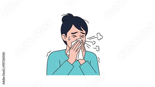 Sick woman feeling unwell and sneezing into a white tissue representing common cold, flu symptoms, or seasonal allergy reactions.