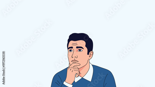 Serious young man looking up and thinking deeply about a complex problem or decision against a clean white background.