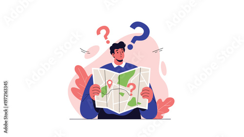 Confused male traveller holding a large paper map and trying to find his way while being surrounded by red question marks.