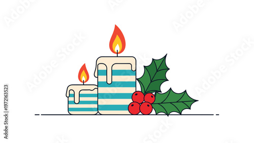 Decorative blue striped christmas candles with burning flames next to green holly leaves and red berries on a white background.