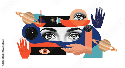 Collage of human face and hands.