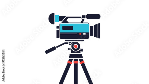 Modern professional video camera mounted on a sturdy tripod ready for filming a high quality movie or television production.
