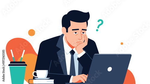 Tired businessman sitting at his office desk with a laptop and looking bored or exhausted after a long day of hard work.