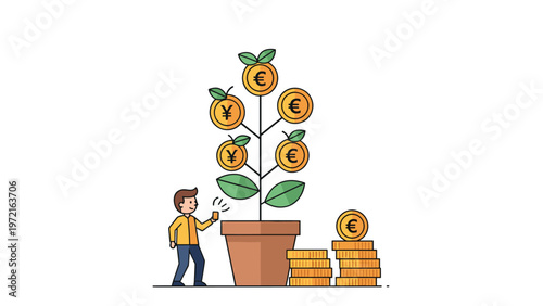 Smiling man watering a growing money tree in a pot to illustrate the concept of smart financial investment and wealth growth.