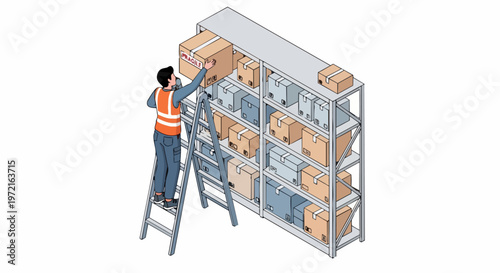 Warehouse Logistics Worker on Ladder Organizing Cardboard Boxes on Metal Shelving, Isometric Illustration for Inventory Management and Supply Chain Concept