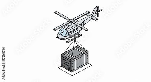 Isometric Helicopter Delivering Large Cargo Crate, Air Freight Logistics and Transportation Concept Illustration
