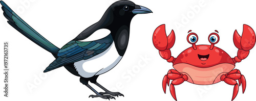 Cartoon Style Vector Illustration of a Magpie Bird and Red Crab, Colorful Wildlife Characters for Fun Designs