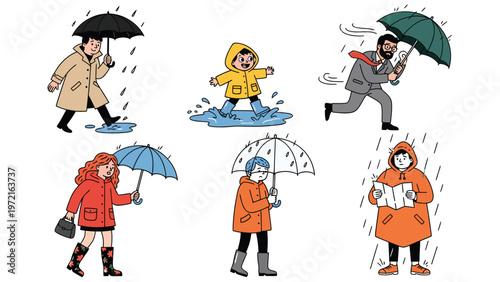 Cartoon characters in rain with umbrellas and raincoats. Diverse people experiencing various rainy weather situations, including a child splashing.