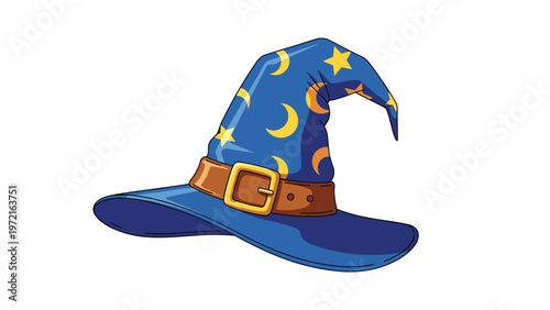 Magical blue wizard hat decorated with yellow stars and crescent moons on a clean white background for fantasy themes.
