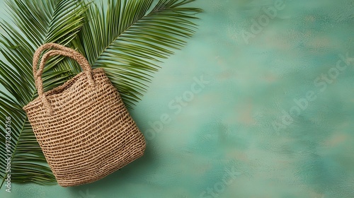 Wallpaper Mural Woven Straw Bag on Tropical Background with Green Leaves and Textured Surface for Summer or Travel Themes Torontodigital.ca