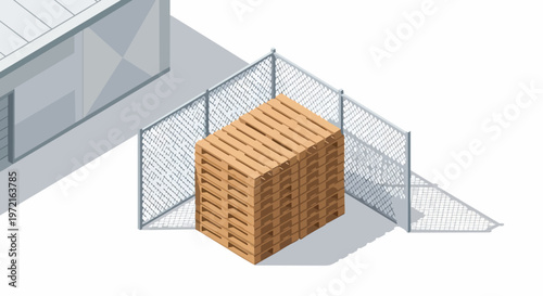 Isometric 3D Illustration of Stacked Wooden Cargo Pallets Behind a Chain Link Fence in an Industrial Warehouse Yard, Supply Chain and Logistics Concept