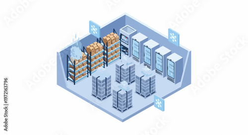 Isometric Cold Storage Warehouse and Refrigerated Facility for Logistics, Frozen Food Storage, and Temperature Controlled Supply Chain