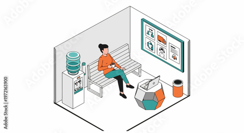 Isometric Illustration of a Woman Taking a Coffee Break in a Modern Office Breakroom with a Laptop and Water Cooler