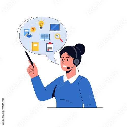 Woman wearing headset holding pointer.