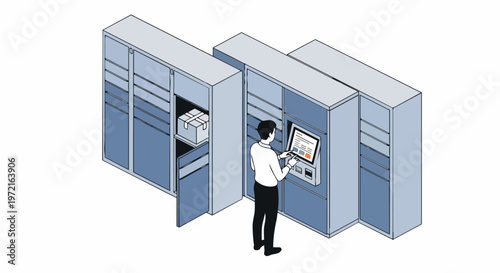 Isometric Illustration of a Man Using an Automated Parcel Locker for Package Pickup and E-commerce Delivery Services