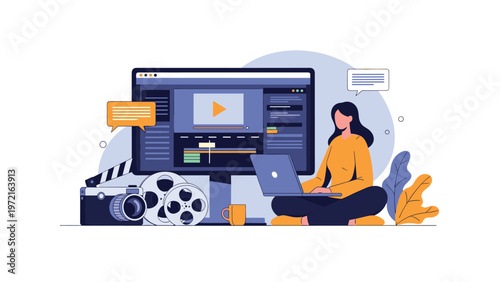 Creative female editor working on a professional video editing software at her desk with camera equipment nearby.